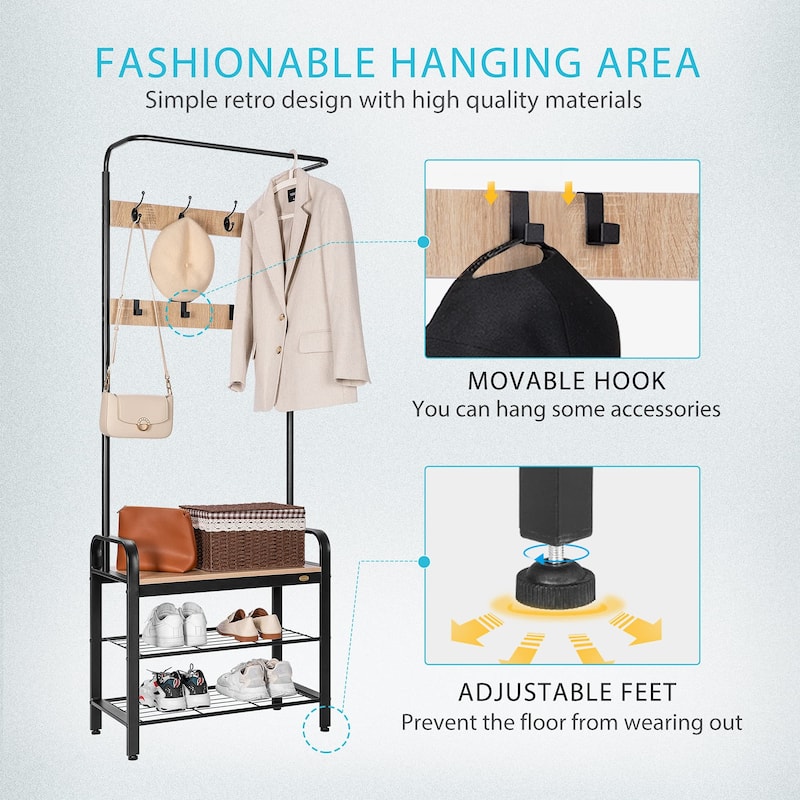 3-in-1 Entryway Hall Tree, Heavy Duty MDF Stand Coat Rack with Storage Bench, Industrial Wood Furniture with Stable Metal Frame