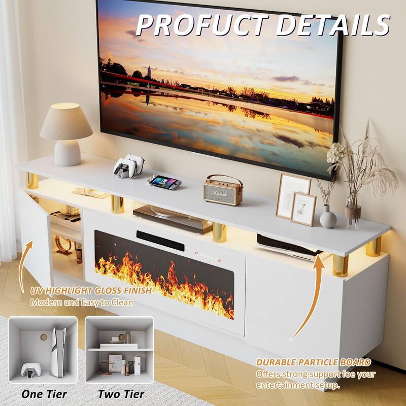 BOSSIN 70" Modern Electric Fireplace TV Stand, with Electronic Flame and LED Lights, High Gloss Finish Entertainment Center