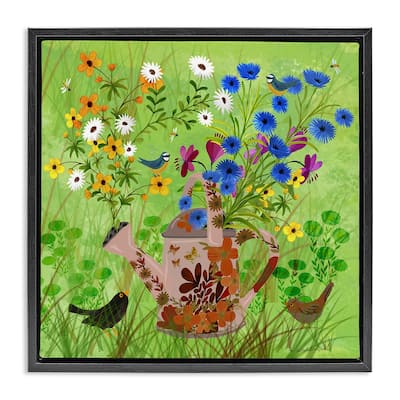 Stupell Bright Gardening Can & Birds Framed Floater Canvas Wall Art Design By Kay Widdowson