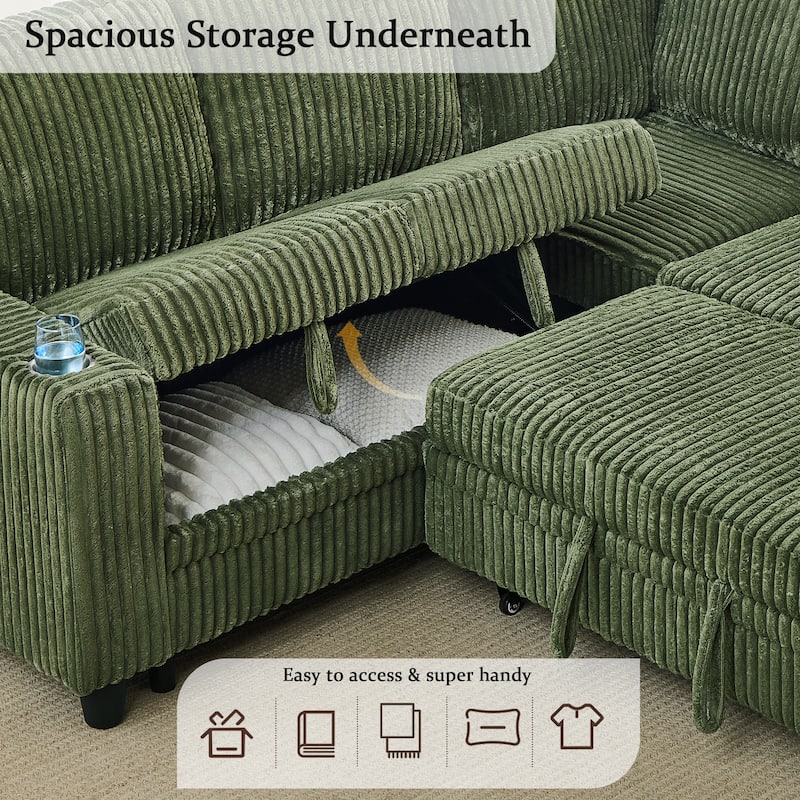GDFStudio - Modern 5-Seat Sectional L-Shaped Sofa with Pull-Out Sleeper Bed, Storage, Cup Holder & USB Charging - 81"W