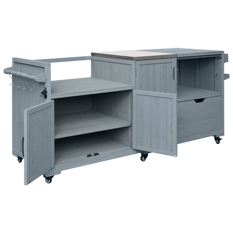 80.5"Kitchen Island,Solid Wood Grill Cart with Stainless Steel Top,Drawer for Large Big Green Egg and 21"/28"Blackstone Griddle