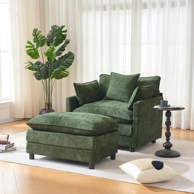 39.4" Chenille Accent Chair Club Chair with Ottoman, Living Room Chair Upholstered Armchair, Chaise Lounge Chair