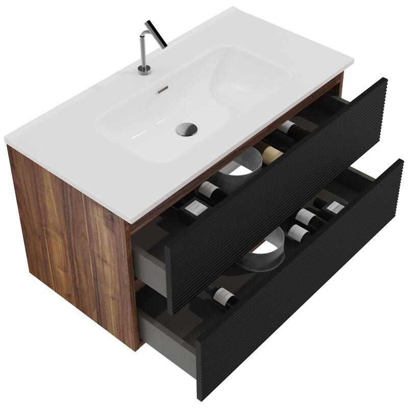 GDFStudio - Gloria Modern Wall-Mounted Floating Bathroom Vanity with Integrated Ceramic Basin & Soft-Close Drawers