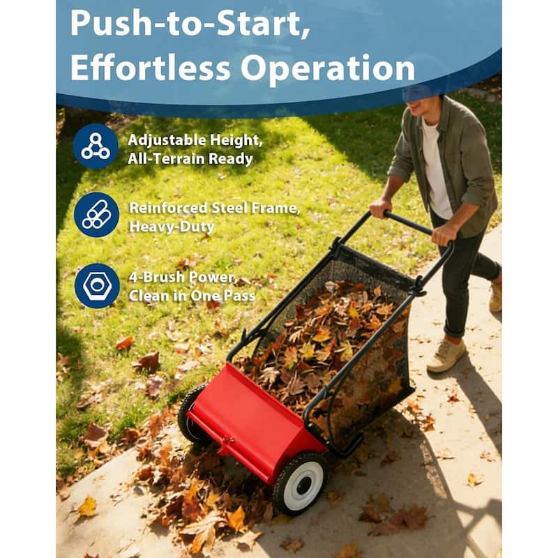 21-Inch Push Lawn Sweeper 35 cu. ft. Capacity Adjustable Height for Grass Leaves and Debris