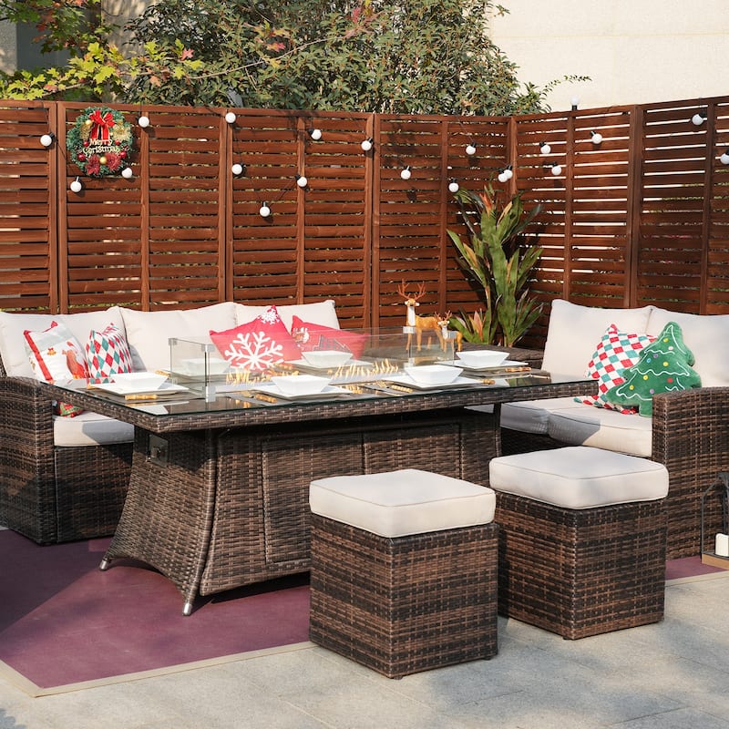 Morden Wicker/ Steel 7-piece Outdoor Conversation Firepit Dining Sets