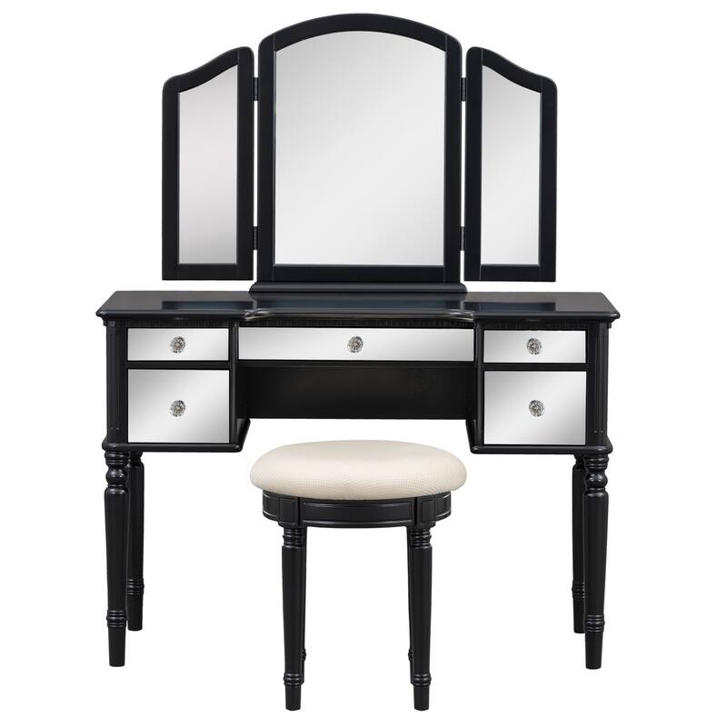 43-Inch Makeup Vanity Set with Adjustable Tri-fold Mirror, Mirrored Drawers, and Soft Cushioned Stool