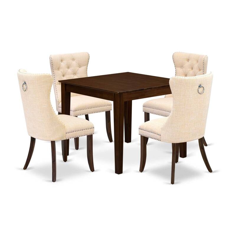 5-Piece Antique Walnut Finish Solid Wood Top - Square Upholstered Dining Room Set - Seats 4