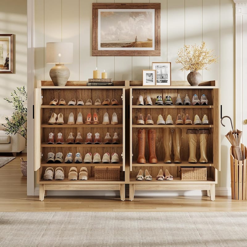 20-Pair Farmhouse Shoe Organizer Rack Storage Cabinet with Doors for Entryway Hallway Closet, Natural