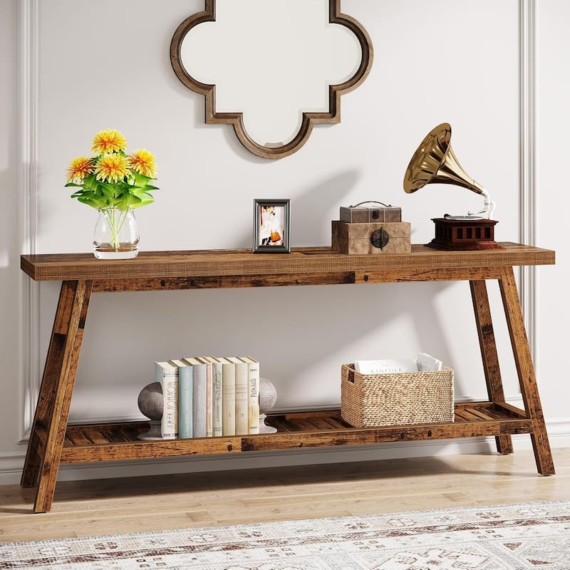Farmhouse Console Entryway Table: 70.9 Inches Extra Long Console Table for Entryway, 2-Tier Narrow Wood Foyer Sofa Couch Table