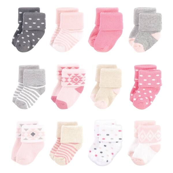 slide 1 of 1, Hudson Baby Infant Girl Cotton Rich Newborn and Terry Socks, Pink Gray Aztec Pink Gray Aztec - 0-6 Months