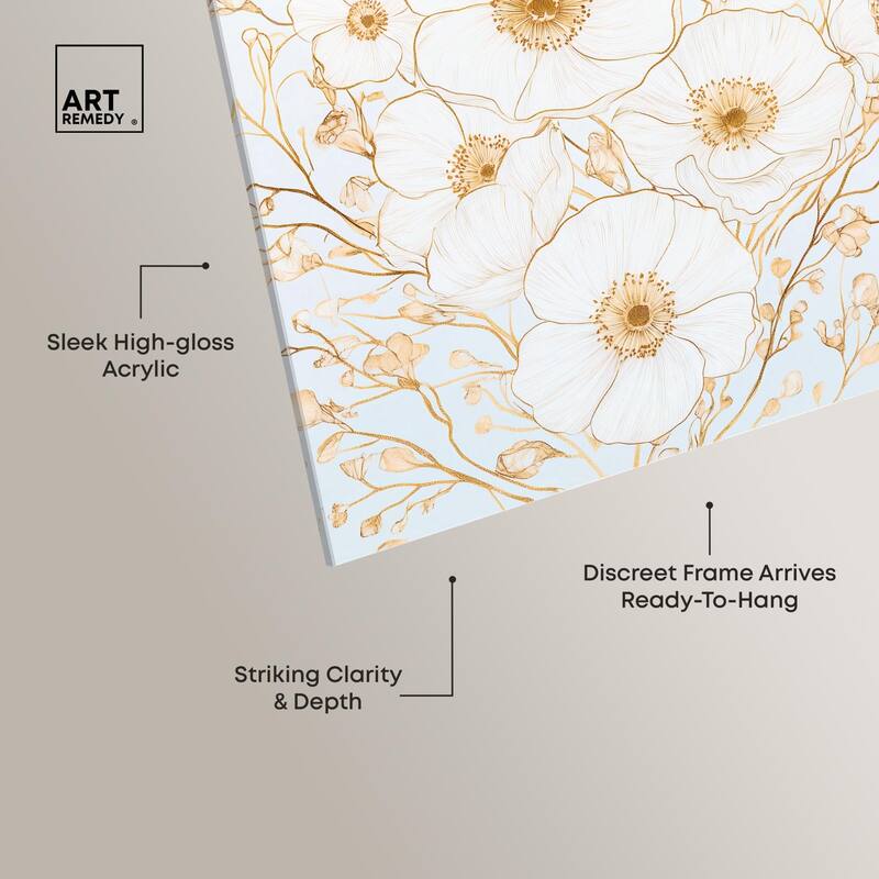 White and Gold Poppies II Acrylic by Art Remedy, Ready to Hang