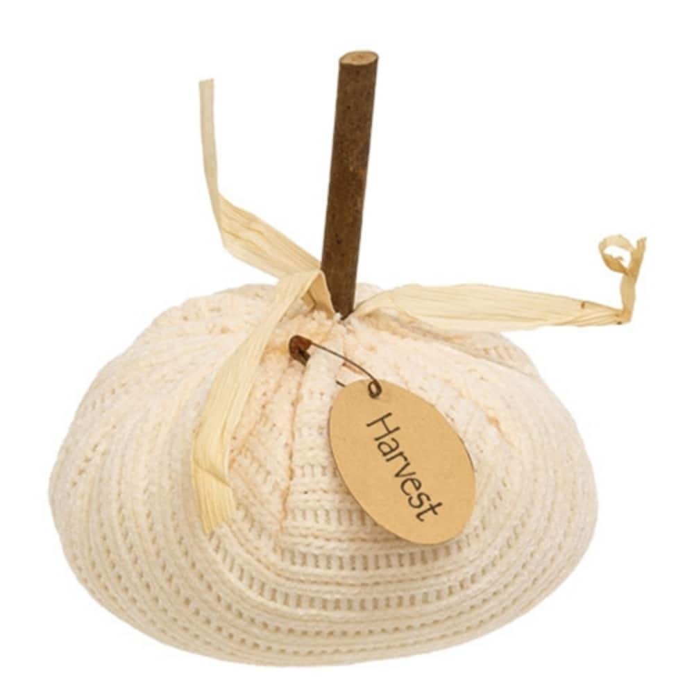 5.5" Plush Harvest Pumpkin Decor with Sweater Texture and Wooden Stem Dried Grass Accents - 5.5"H x 5.5"Dia