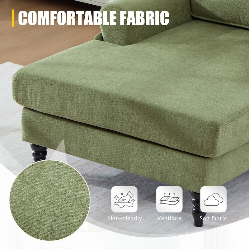 Modern Chaise Lounge Single Sofa Chair, Chenille Fabric Recliner Armchair with Side Pockets and Wooden Legs