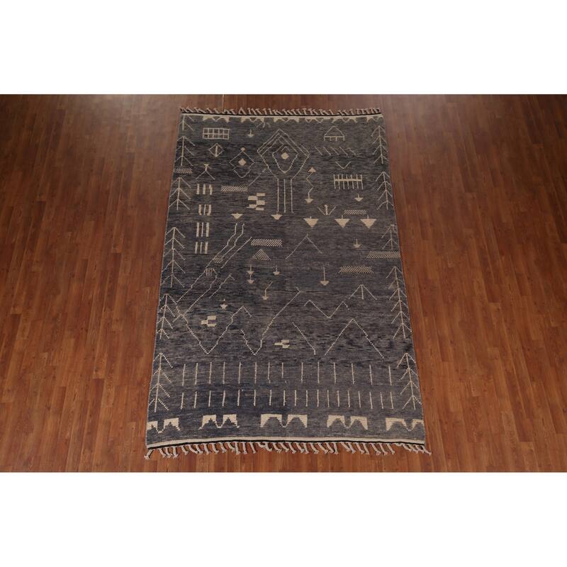Gray & Blue Moroccan Area Rug Hand-Knotted Wool Carpet - 6'1"x 9'5"