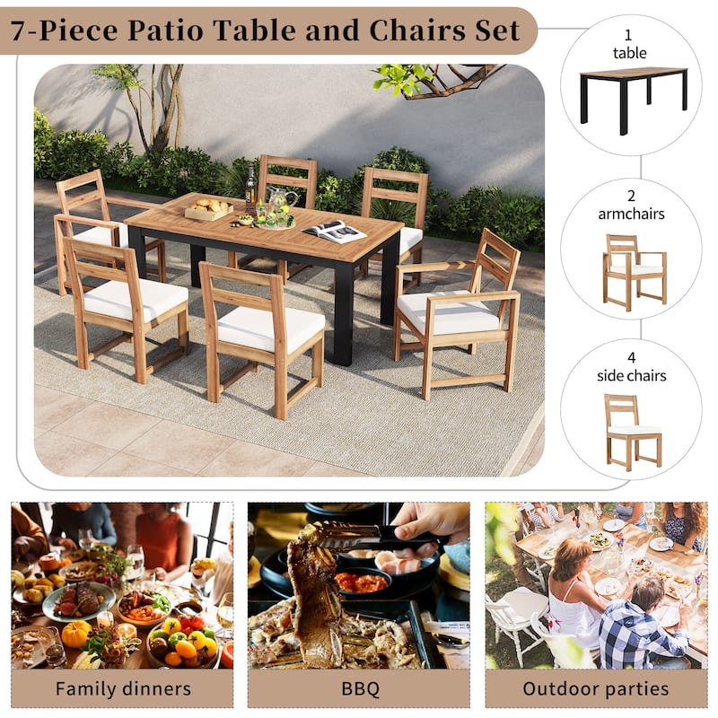 7-Piece Outdoor Patio Acacia Wood Dining Set with Umbrella Hole, 2 Armchairs and 4 Side Chairs