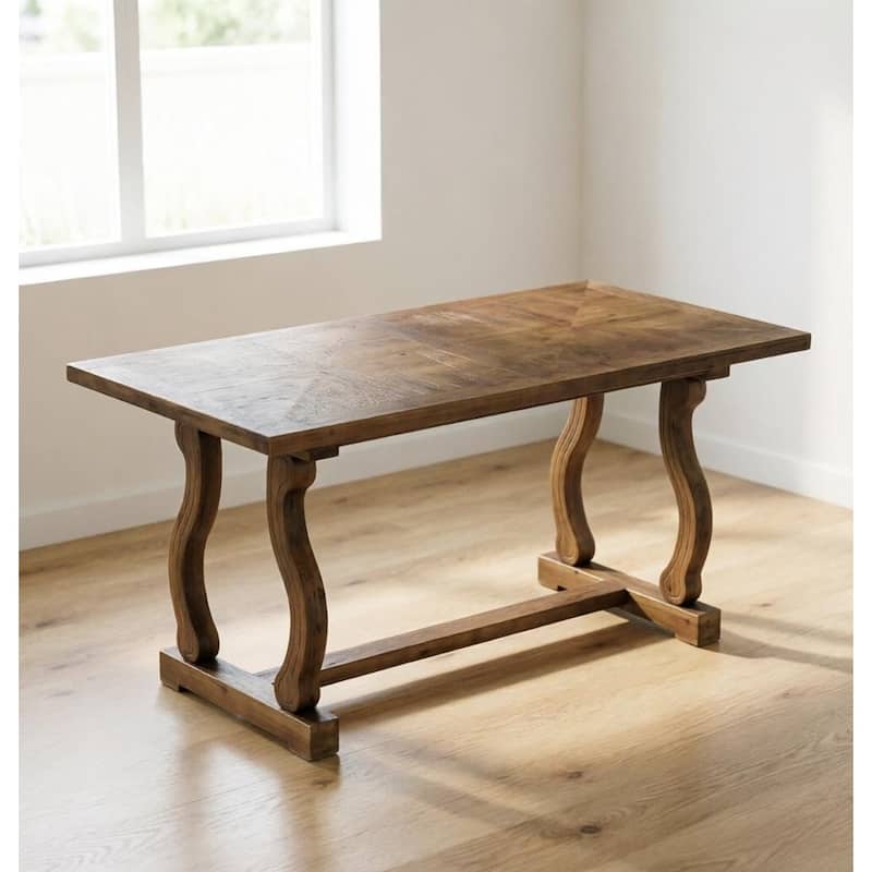 63" Solid Wood Dining Table for 4-6, Diamond Parquetry Top and S-Scroll Legs