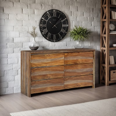 Donni Wide Dresser, 6 Drawer, Brown Sheesham Wood Finish, 65 inch