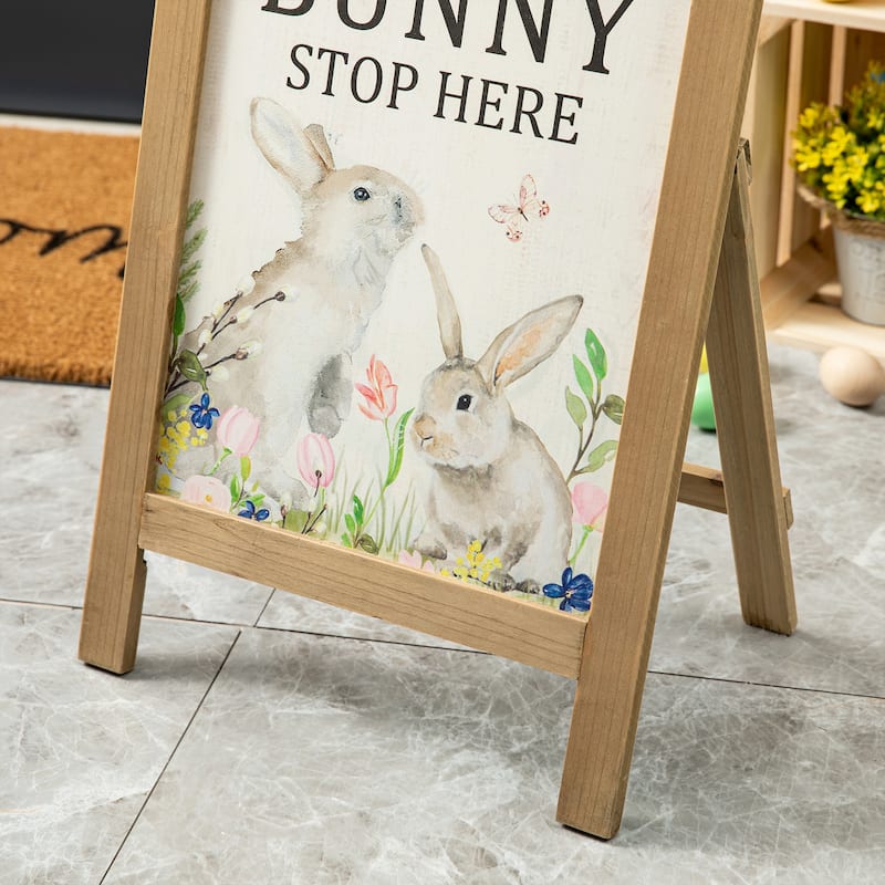 Glitzhome 24"H Easter Wooden Bunny Easel Porch Sign Wall Hanging Outdoor Indoor Decor