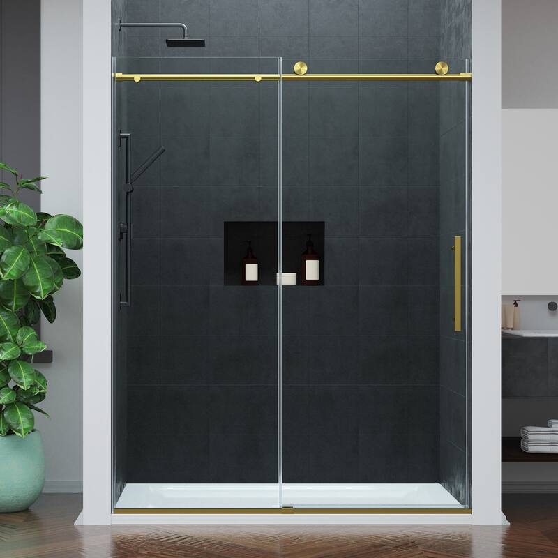 Mountain 60-inch Reversible Frameless Sliding Deco-Glass Shower Door with Soft-Close System