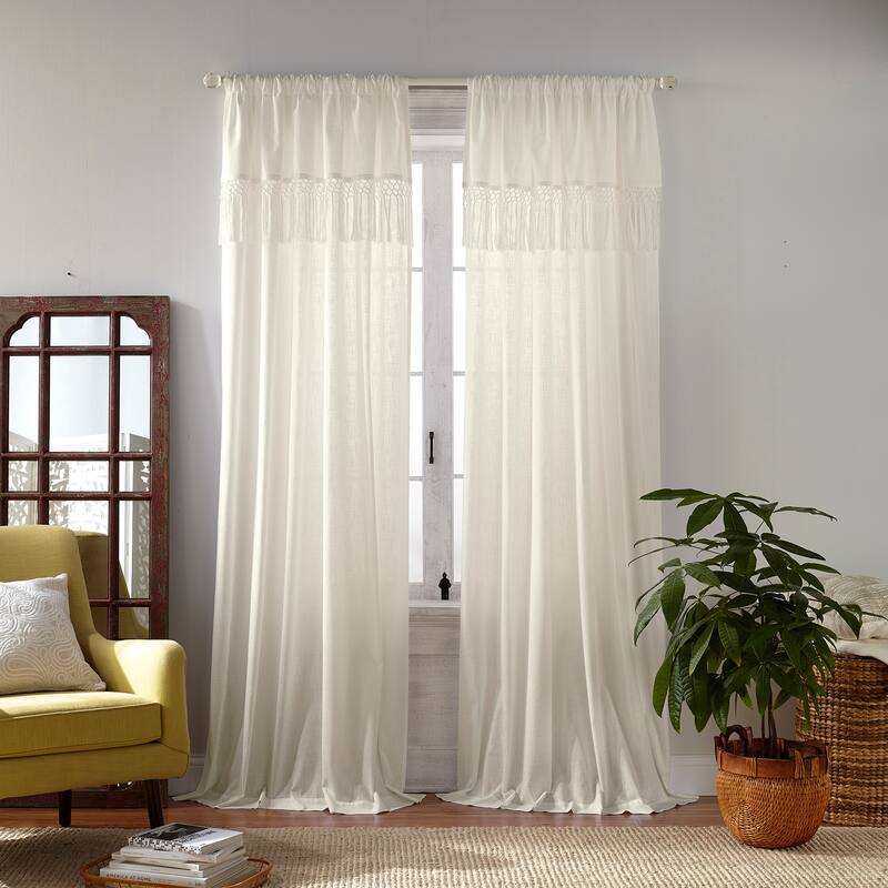 Calypso Macrame Tassel Semi Sheer Window Curtain - 52"Wx95"L - Ivory