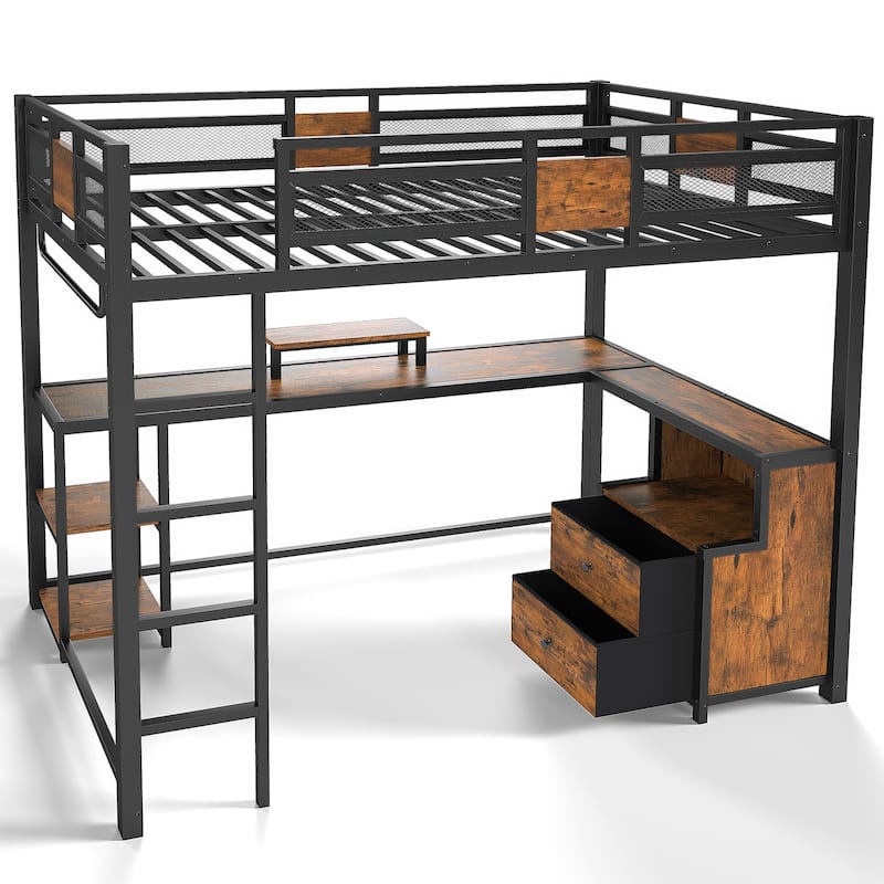 Twin XL Loft Bed with Desk and Storage Non-woven Fabric Drawers with Ladders, Nosie-free and No Spring Box Needed