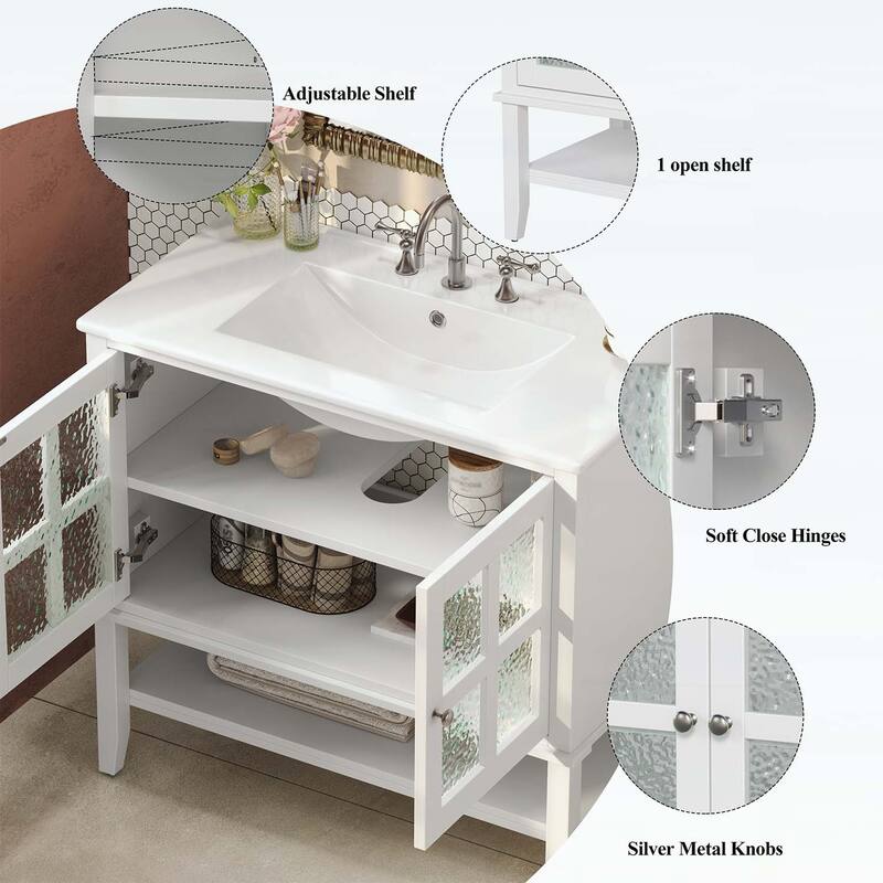 36 Inch Bathroom Vanity with Ceramic Sink,Adjustable and Open Shelves,Wood Legs