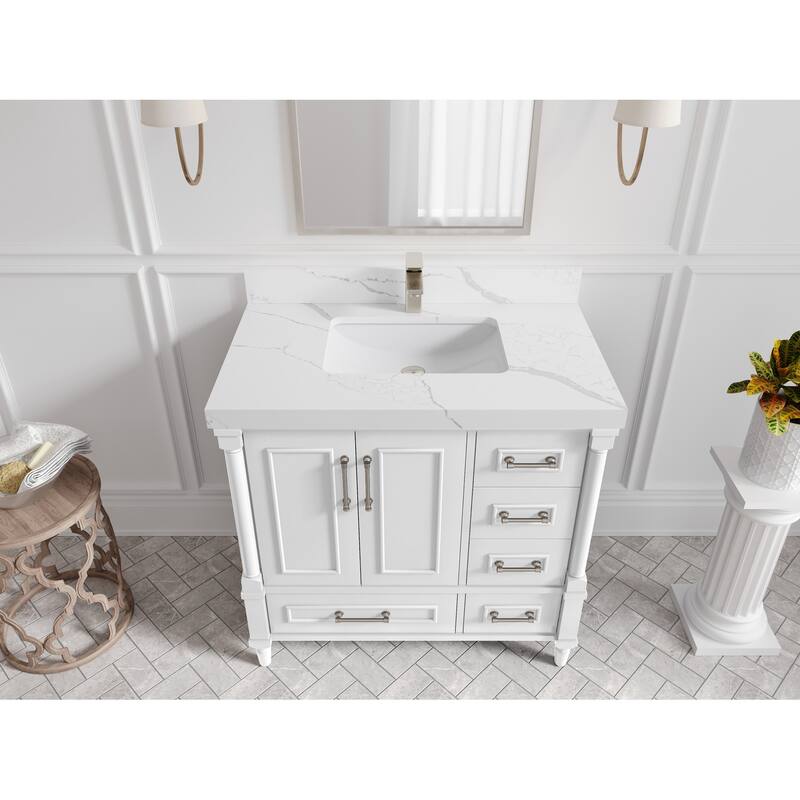 Willow Collections 36 in. W x 22 in. D Aberdeen Center Sink Left Bathroom Vanity with Countertop - 2" Calacatta Laza - White
