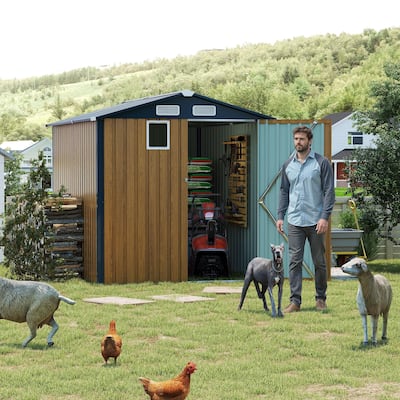 6x8FT Outdoor Steel Storage Shed, Lockable Doors, Compact Metal Tool Shed