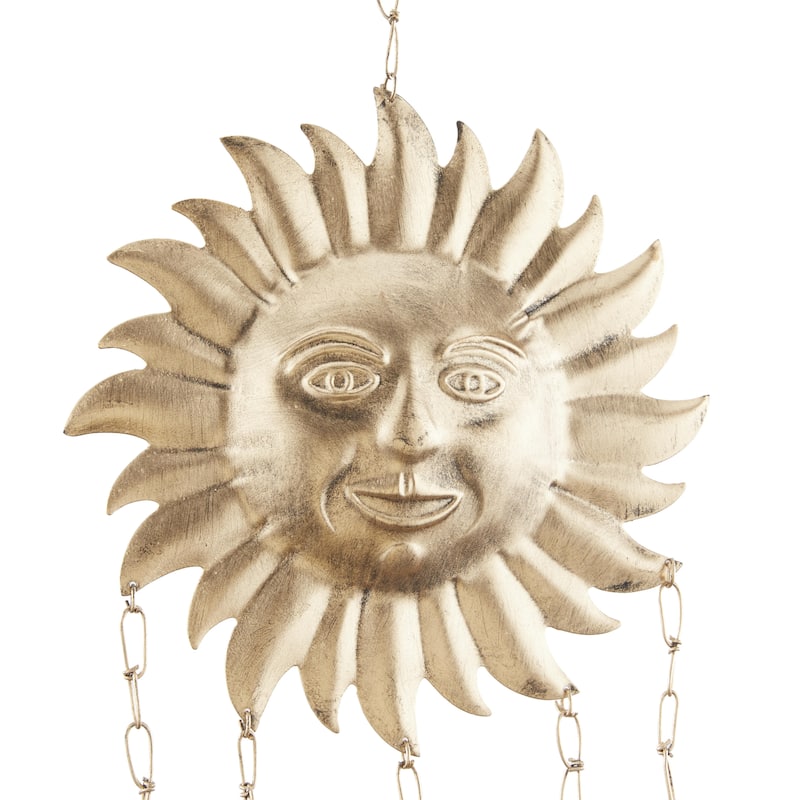 Metal Sun and Moon or Floral Sun and Flowers Windchime with Glass Beads and Cone Bells - Gold - Roche River Decor