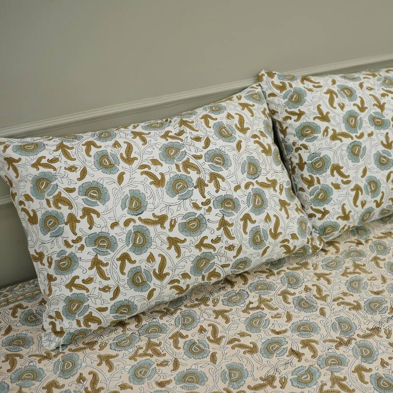 Fabdivine Cotton Hand Block Floral Flat Sheet Bed Room Home Décor Accent Gift