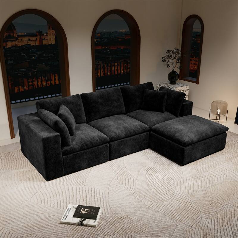 L-Shaped Modular Sectional Sofa with Ottoman, Comfy Plush Corduroy Deep Seat Cloud Couch, Compressed Sofa with Pillows
