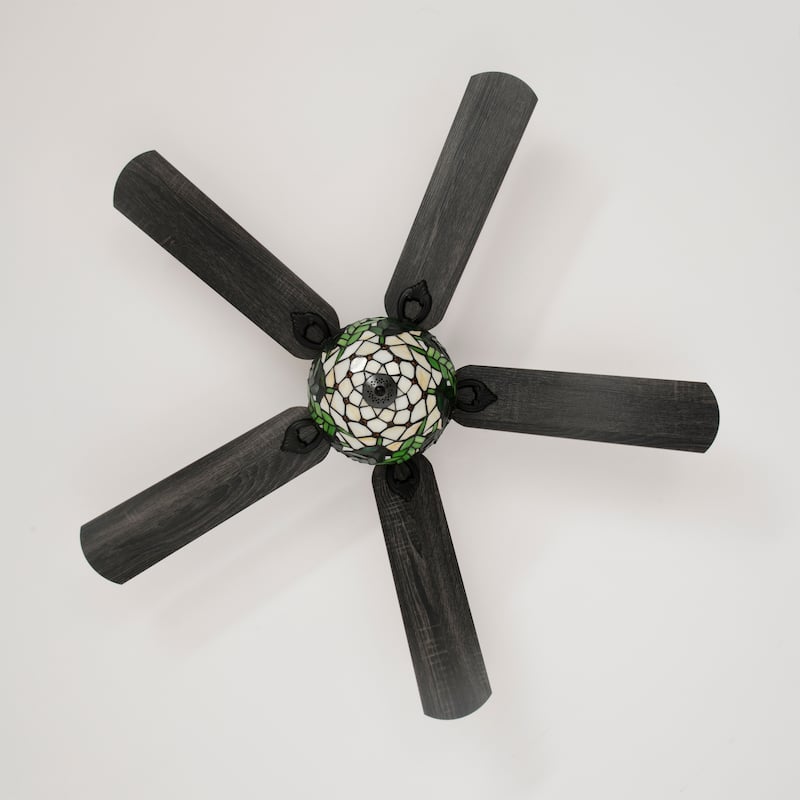 Kyemon 52-Inch Flushmount Lighted Ceiling Fan White Green Fronds Tiffany Glass Lamp Black Finish