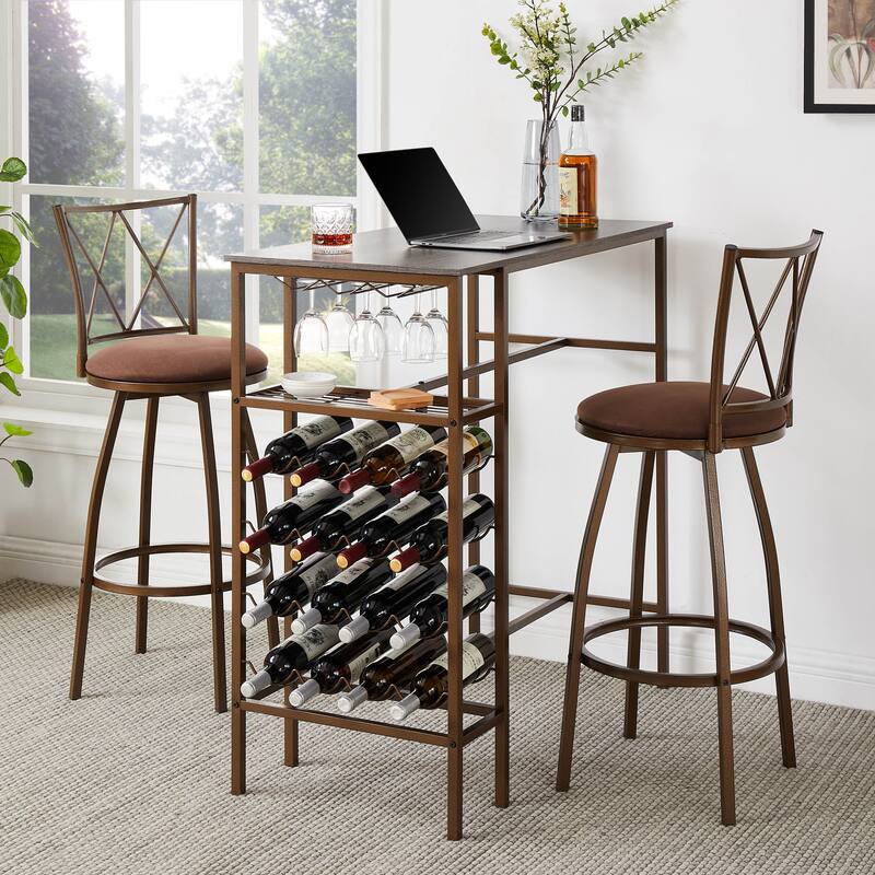 3PCS Dining Table Set Kitchen Bar Table with Two Stool and Wine Rack - Brown