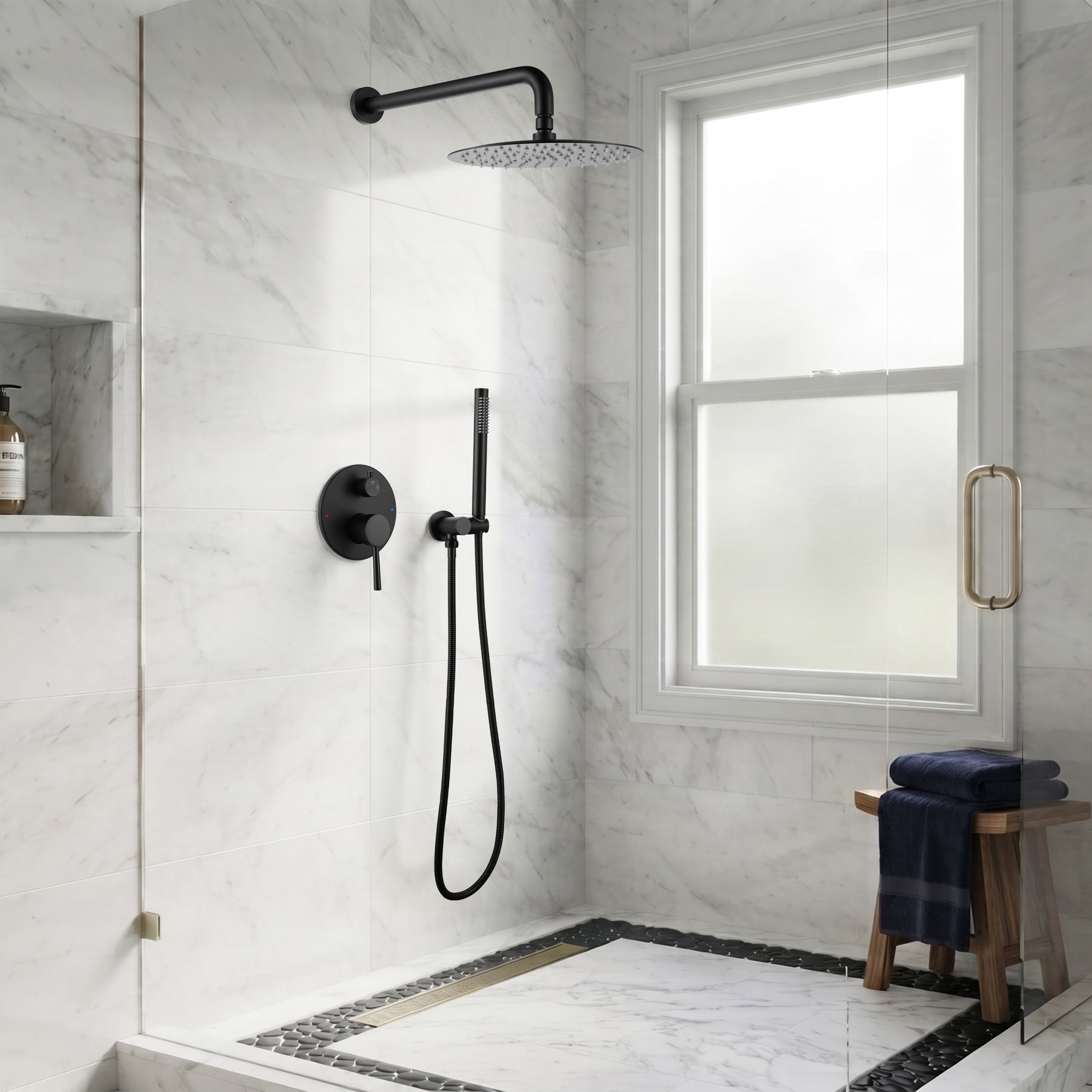 10-Inch Round Rain Shower System with Handheld, Dual-Function Pressure-Balancing Valve Included