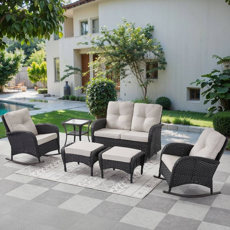 Pocassy 6 Pieces Glider Sofa with Rocker Chairs Ottomans Table - Black Wicker - Beige cushion