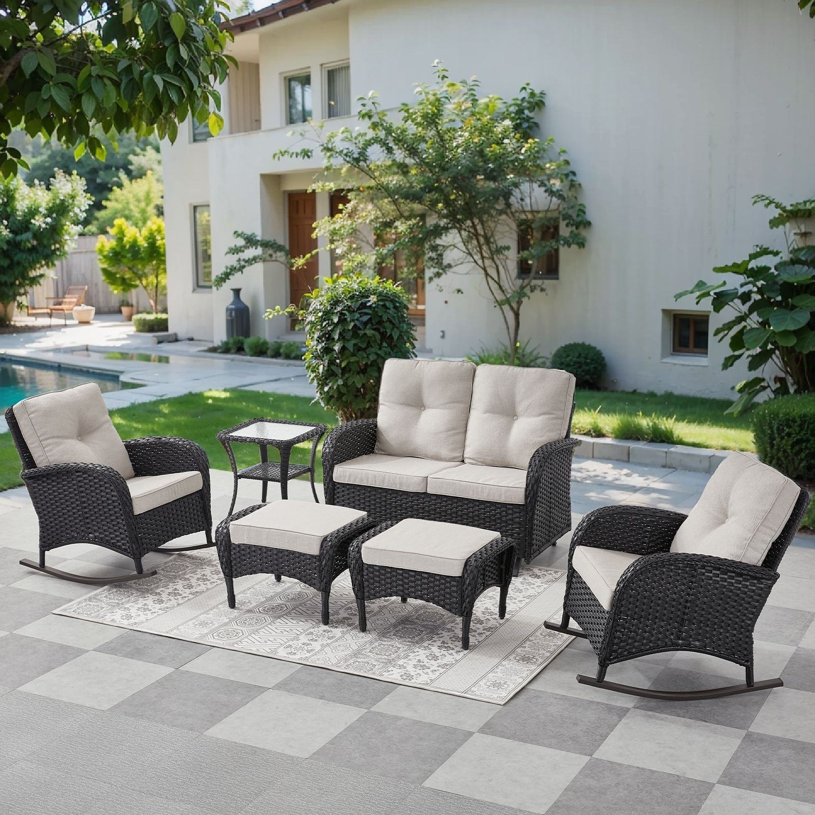 Pocassy 6 Pieces Glider Sofa with Rocker Chairs Ottomans Table