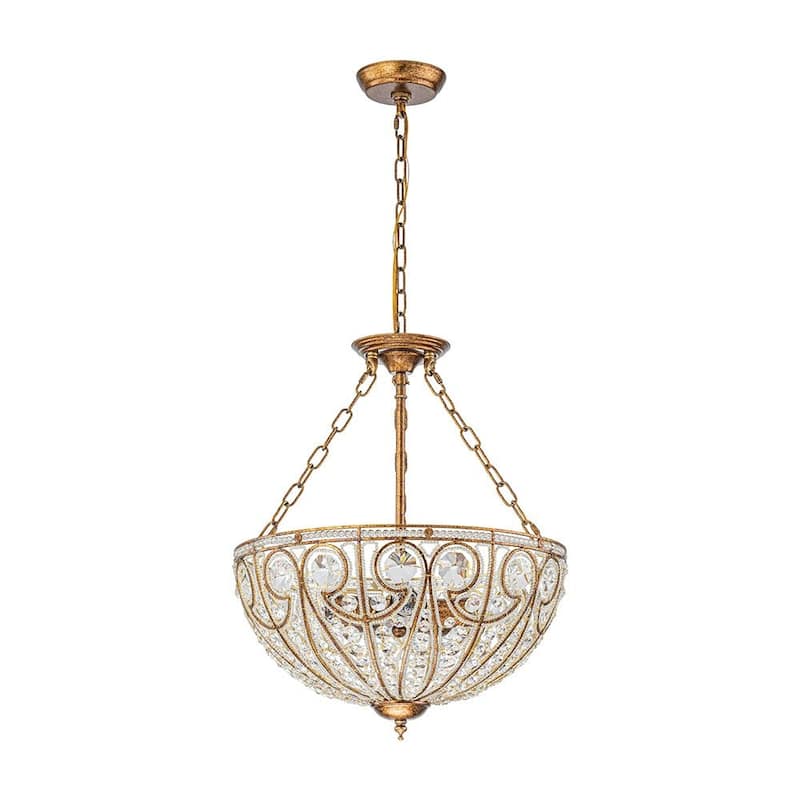 Spanish Antique Gold Bronze Crystal Accented Basket Cage Chandelier