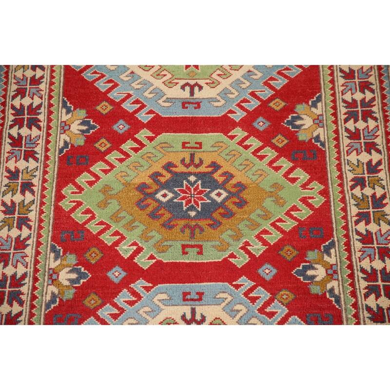 Geometric Red Kazak Oriental Rug Handmade Wool Carpet - 3'3"x 5'1"
