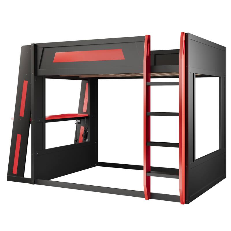 Roomfitters Queen Over Queen Gaming Bunk Bed with Desk, Storage Shelves and LED