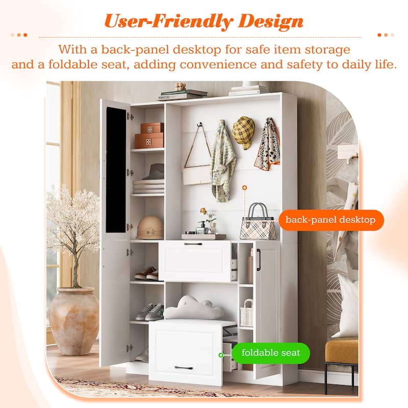 51.1" Entryway Hall Tree with Mirror, Shoe Cabinet Bench, 3-in-1 Organizer with 4 Hooks, 2 Drawers, Adjustable Shelves