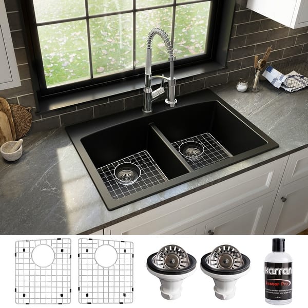 slide 2 of 69, Karran Drop-in Quartz 33 in. Double Bowl 50/50 Kitchen Sink Kit