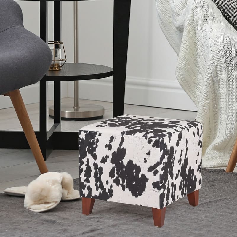 Adeco British Style Cow Print Cube Ottoman Home Bench Classy Footstool