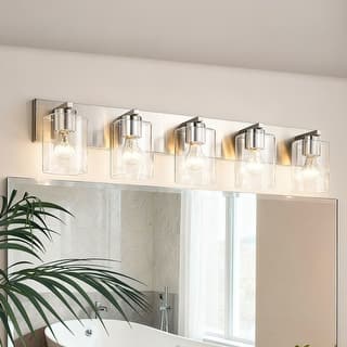 Brushed Nickel 5-Light 32 in. Vanity Light with Clear Square Glass Shades