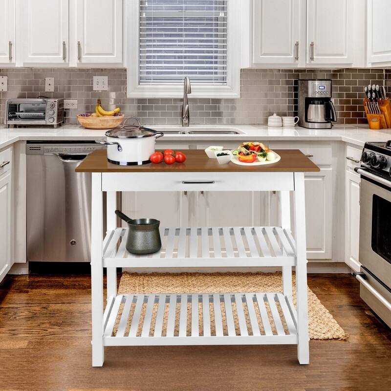 2-shelf Natural Solid Wood Top Kitchen Island - N/A