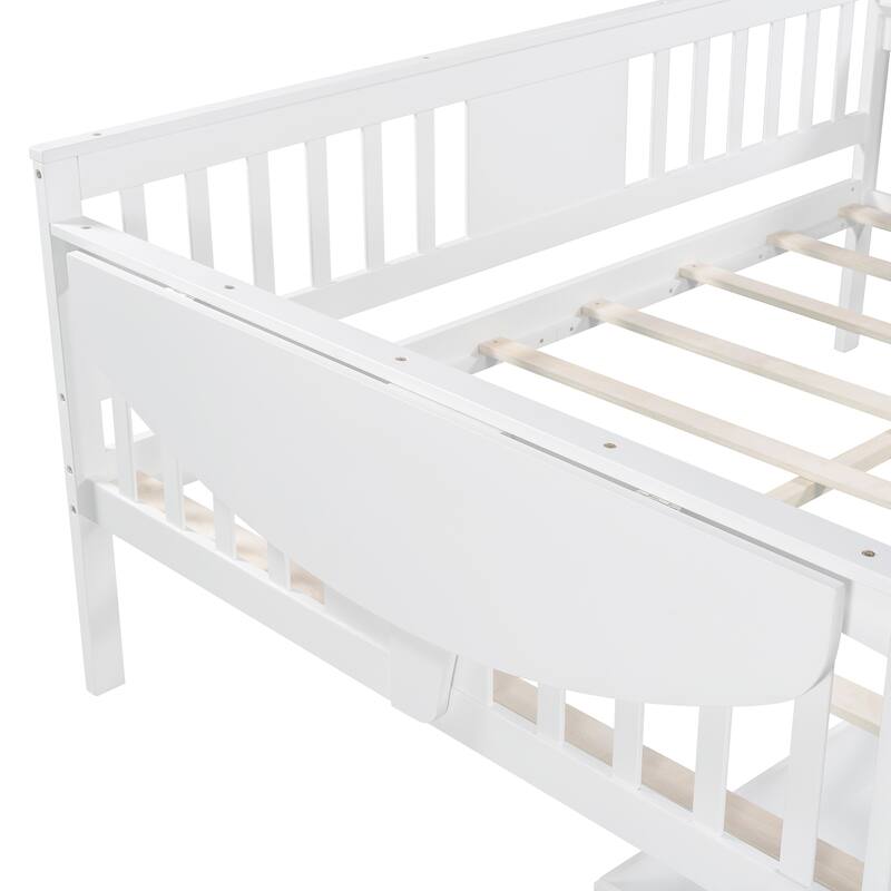 Full-size Daybed Sofa Bed with Two Drawers, Handrails, and Wood Slat Support