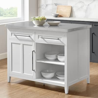Kitchen Island with Storage & Dining Space - Stainless Steel Top, Portable Kitchen Cart, Modern Design