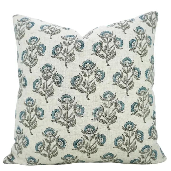 Fabdivine Handmade Floral Blue Viscose Linen Block Print Cushion Case