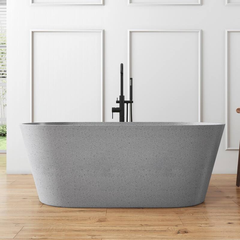 MEDUNJESS 59'' Terrazzo Freestanding Bathtub Stone Resin Soaking Tub - Grey