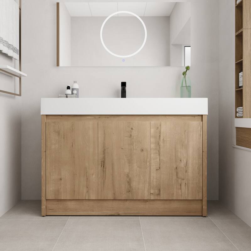 BNK 24/30/48/60 inch Freestanding Resin Sink Bathroom Vanity with Soft Close Door and Adjustable Shelf - 47.2''W×18.1''D×35''H - Imitative Oak