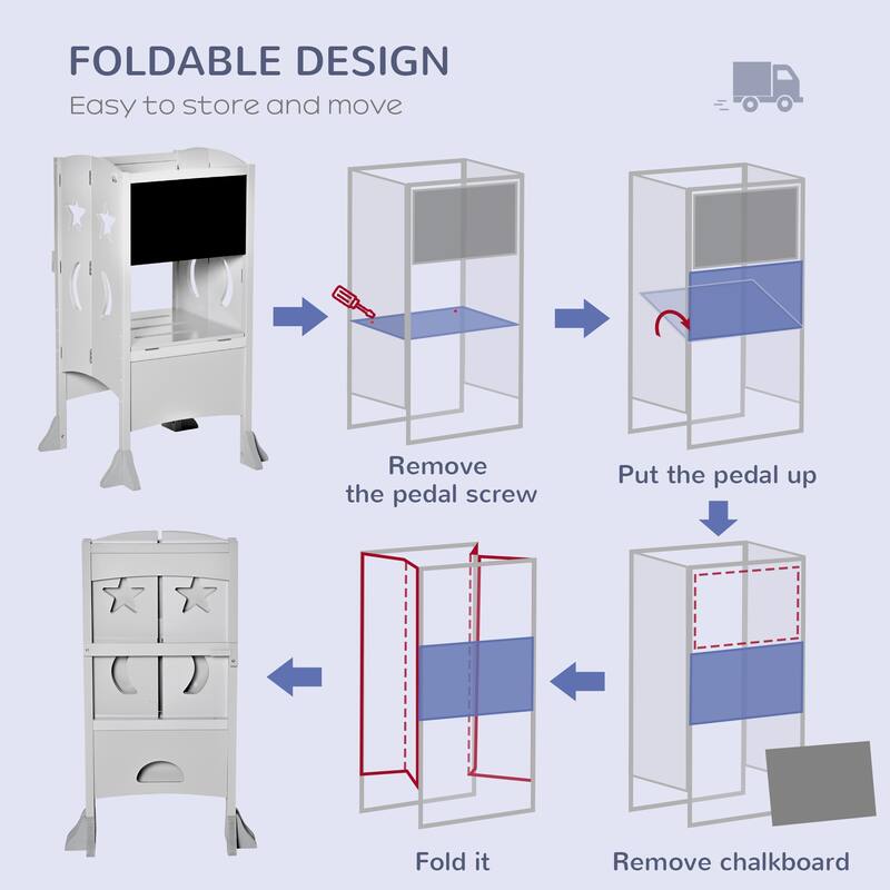 Kids Kitchen Step Stool Foldable Child Standing Tower with Chalkboard. Lockable Handrail for Children 3-6 Years Old, Grey